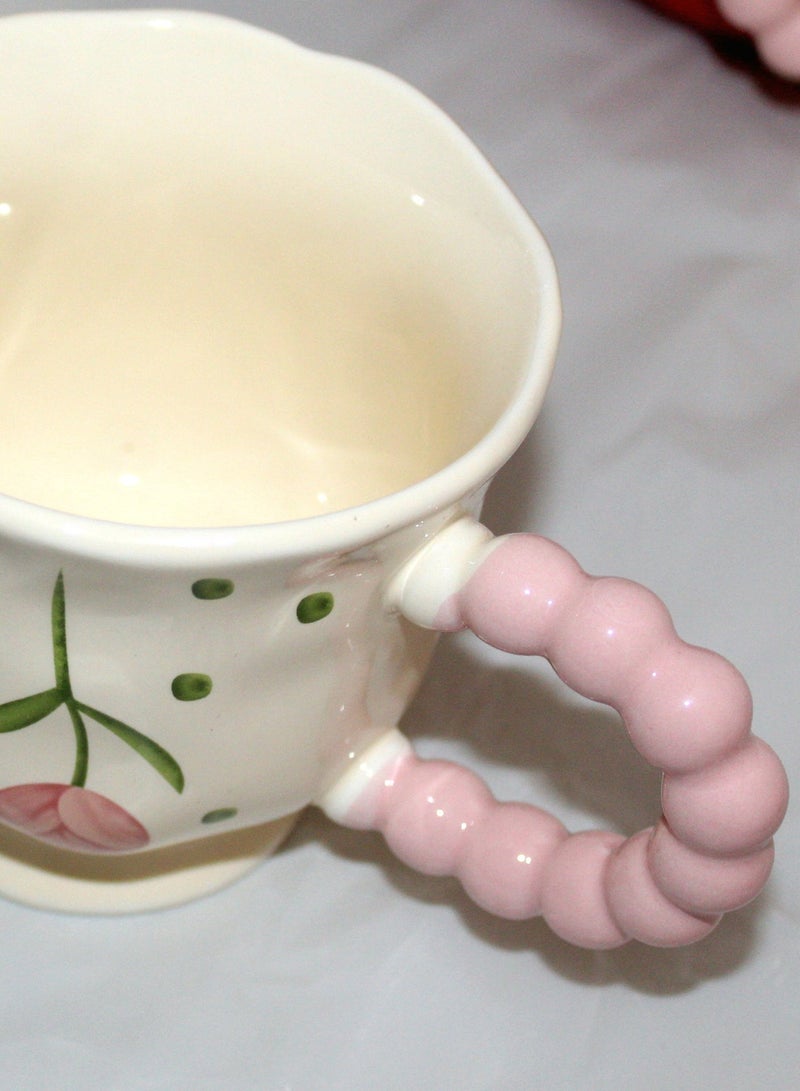 Elegant ceramic mug in a creamy color with pink floral patterns and green branches, 400 ml capacity, stable base, and a comfortable handle for everyday use. - Image 5